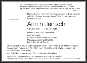 Anzeige von Armin Jenisch von Schwäbische Zeitung