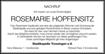 Anzeige von Rosemarie Hopfensitz von Schwäbische Zeitung