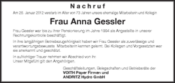 Anzeige von Anna Gessler von Schwäbische Zeitung