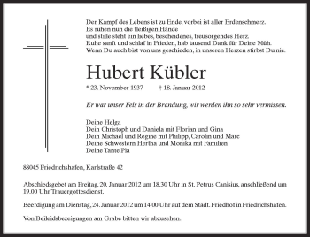 Anzeige von Hubert Kübler von Schwäbische Zeitung