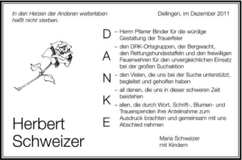 Anzeige von Herbert Schweizer von Schwäbische Zeitung