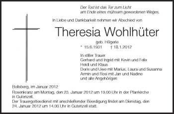 Anzeige von Theresia Wohlhüter von Schwäbische Zeitung