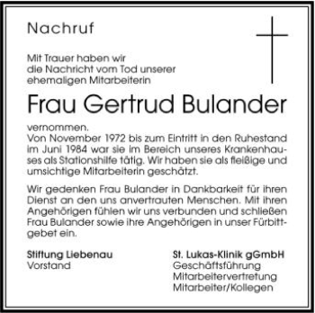 Anzeige von Gertrud Bulander von Schwäbische Zeitung