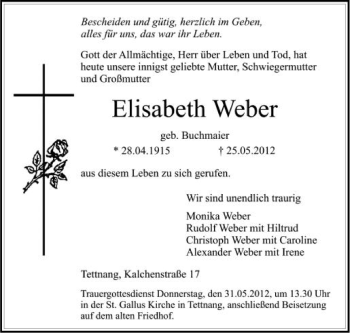 Anzeige von Elisabeth Weber von Schwäbische Zeitung