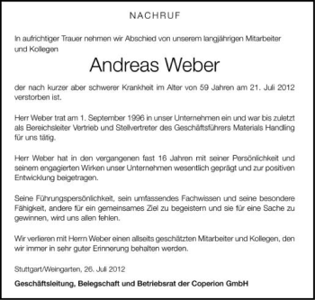 Anzeige von Andreas Weber von Schwäbische Zeitung