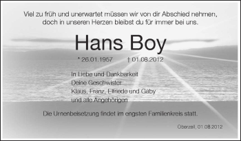 Anzeige von Hans Boy von Schwäbische Zeitung