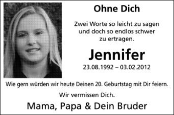 Anzeige von Jennifer Kopp von Schwäbische Zeitung