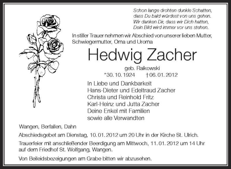  Traueranzeige für Hedwig Zacher vom 09.01.2012 aus Schwäbische Zeitung