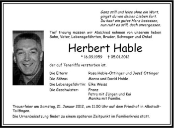 Anzeige von Herbert Hable von Schwäbische Zeitung