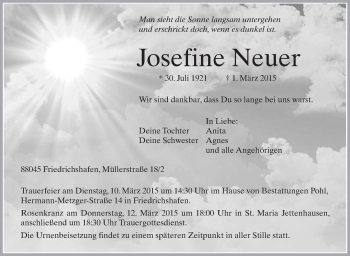 Anzeige von Josefine Neuer von Schwäbische Zeitung