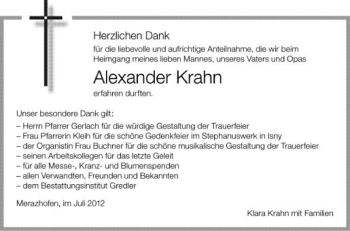 Anzeige von Alexander Krahn von Schwäbische Zeitung