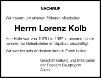 Anzeige von Lorenz Kolb von Schwäbische Zeitung