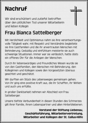 Anzeige von Bianca Sattelberger von Schwäbische Zeitung