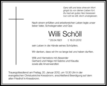 Anzeige von Willi Schöll von Schwäbische Zeitung