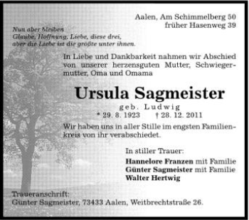 Anzeige von Ursula Sagmeister von Schwäbische Zeitung