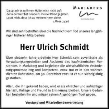 Anzeige von Ulrich Schmidt von Schwäbische Zeitung