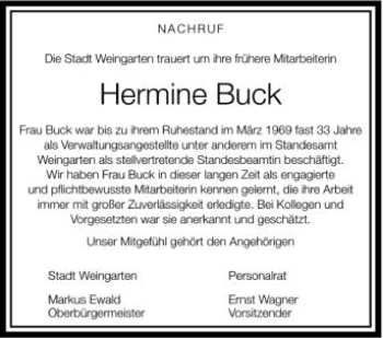 Anzeige von Hermine Buck von Schwäbische Zeitung