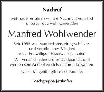 Anzeige von Manfred Wohlwender von Schwäbische Zeitung