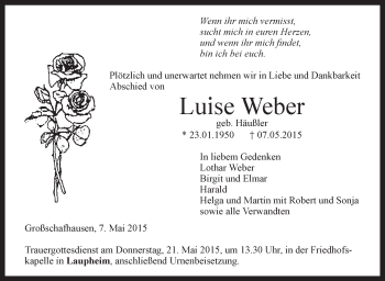 Anzeige von Luise Weber von Schwäbische Zeitung