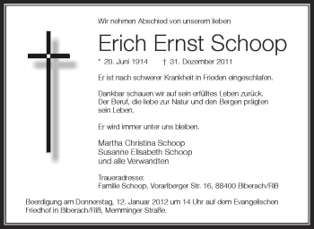Anzeige von Erich Ernst Schoop von Schwäbische Zeitung