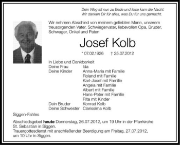 Anzeige von Josef Kolb von Schwäbische Zeitung