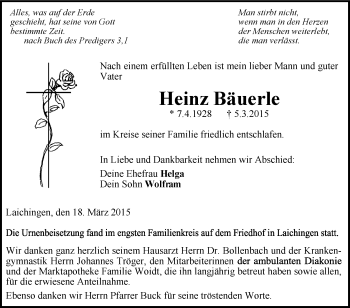 Anzeige von Heinz Bäuerle von Schwäbische Zeitung