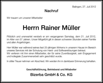 Anzeige von Rainer Müller von Schwäbische Zeitung