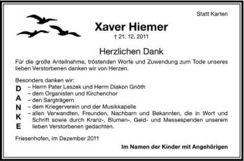 Anzeige von Xaver Hiemer von Schwäbische Zeitung