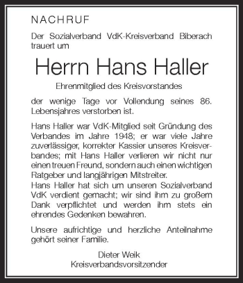 Anzeige von Hans Haller von Schwäbische Zeitung