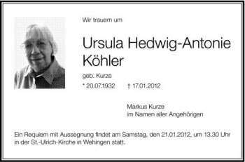 Anzeige von Ursula Hedwig-Antonie Köhler von Schwäbische Zeitung