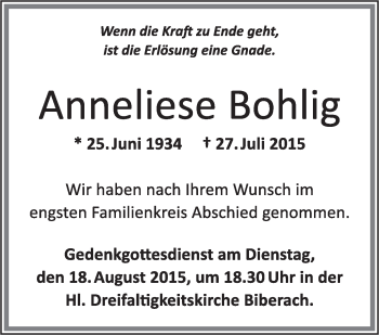 Anzeige von Anneliese Bohlig von Schwäbische Zeitung
