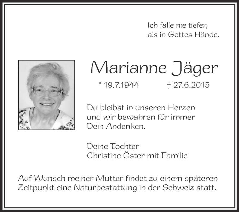 Traueranzeigen von Marianne Jäger | schwaebische.de Trauerportal