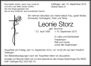 Anzeige von Leonie Storz von Schwäbische Zeitung