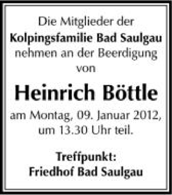 Anzeige von Heinrich Böttle von Schwäbische Zeitung