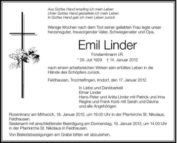 Anzeige von Emil Linder von Schwäbische Zeitung