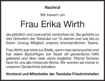 Anzeige von Erika Wirth von Schwäbische Zeitung