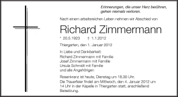 Anzeige von Richard Zimmermann von Schwäbische Zeitung
