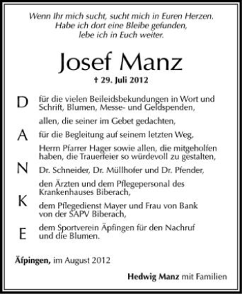 Anzeige von Josef Manz von Schwäbische Zeitung