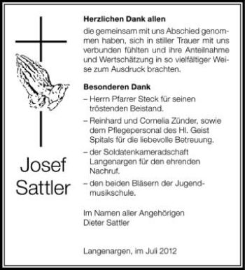 Anzeige von Josef Sattler von Schwäbische Zeitung