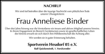 Anzeige von Anneliese Binder von Schwäbische Zeitung