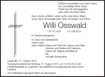 Anzeige von Willi Osswald von Schwäbische Zeitung