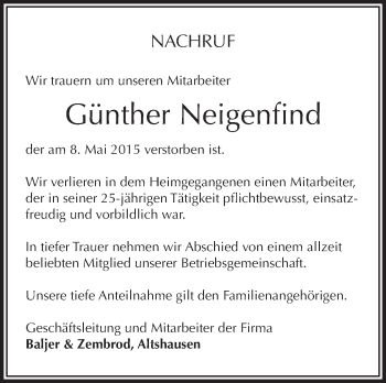 Anzeige von Günther Neigenfind von Schwäbische Zeitung