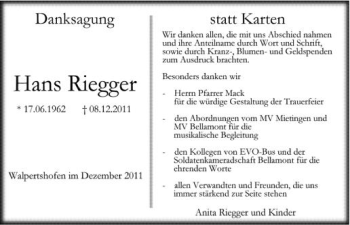Anzeige von Hans Riegger von Schwäbische Zeitung