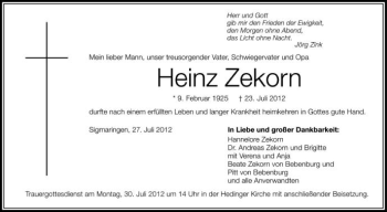 Anzeige von Heinz Zekorn von Schwäbische Zeitung