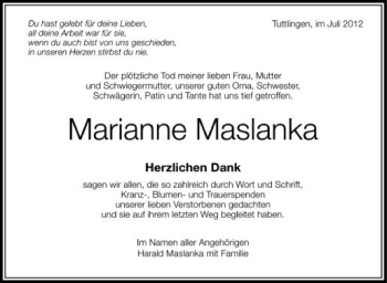 Anzeige von Marianne Maslanka von Schwäbische Zeitung