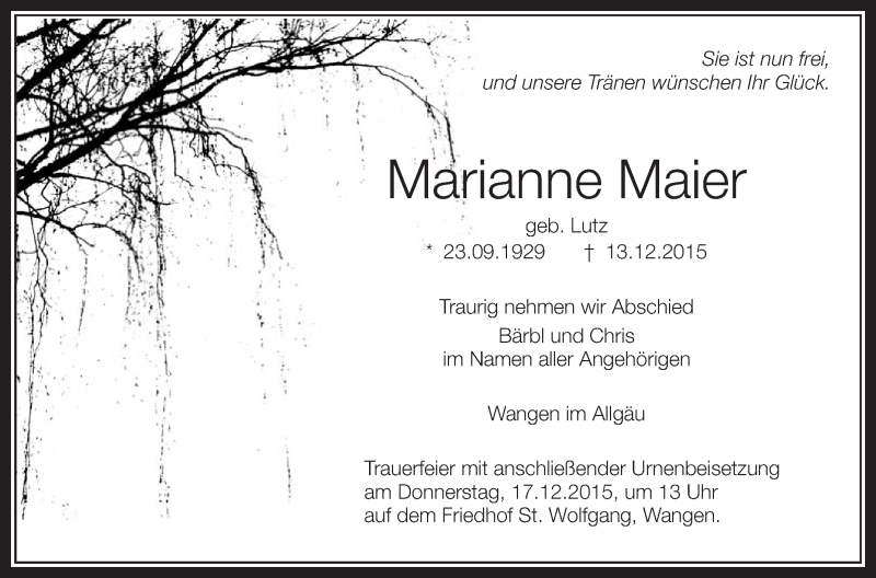  Traueranzeige für Marianne Maier vom 15.12.2015 aus Schwäbische Zeitung