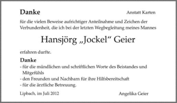 Anzeige von Hansjörg Geier von Schwäbische Zeitung