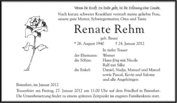 Anzeige von Renate Rehm von Schwäbische Zeitung