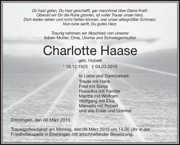 Anzeige von Charlotte Haase von Schwäbische Zeitung