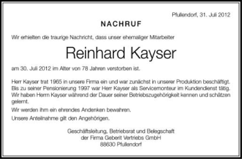 Anzeige von Reinhold Kayser von Schwäbische Zeitung